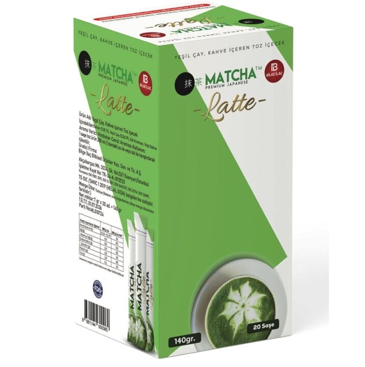 Bakkal Hasan Gaziantep Bilge İlaç Matcha Premium Japenese Latte, Kahve Ve Hindistan Cevizi Aromalı Matcha Çayı, 1 Kutu (7 Gr x 20 Adet)